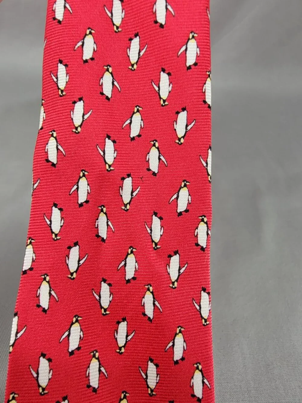 J Crew Silk Necktie Tie Mens Red White Penguin Print